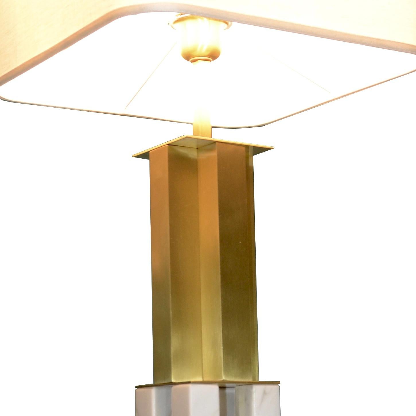 Italian Pair Art Deco Urban Design White Marble Satin Brass Empire Table Lamps 3