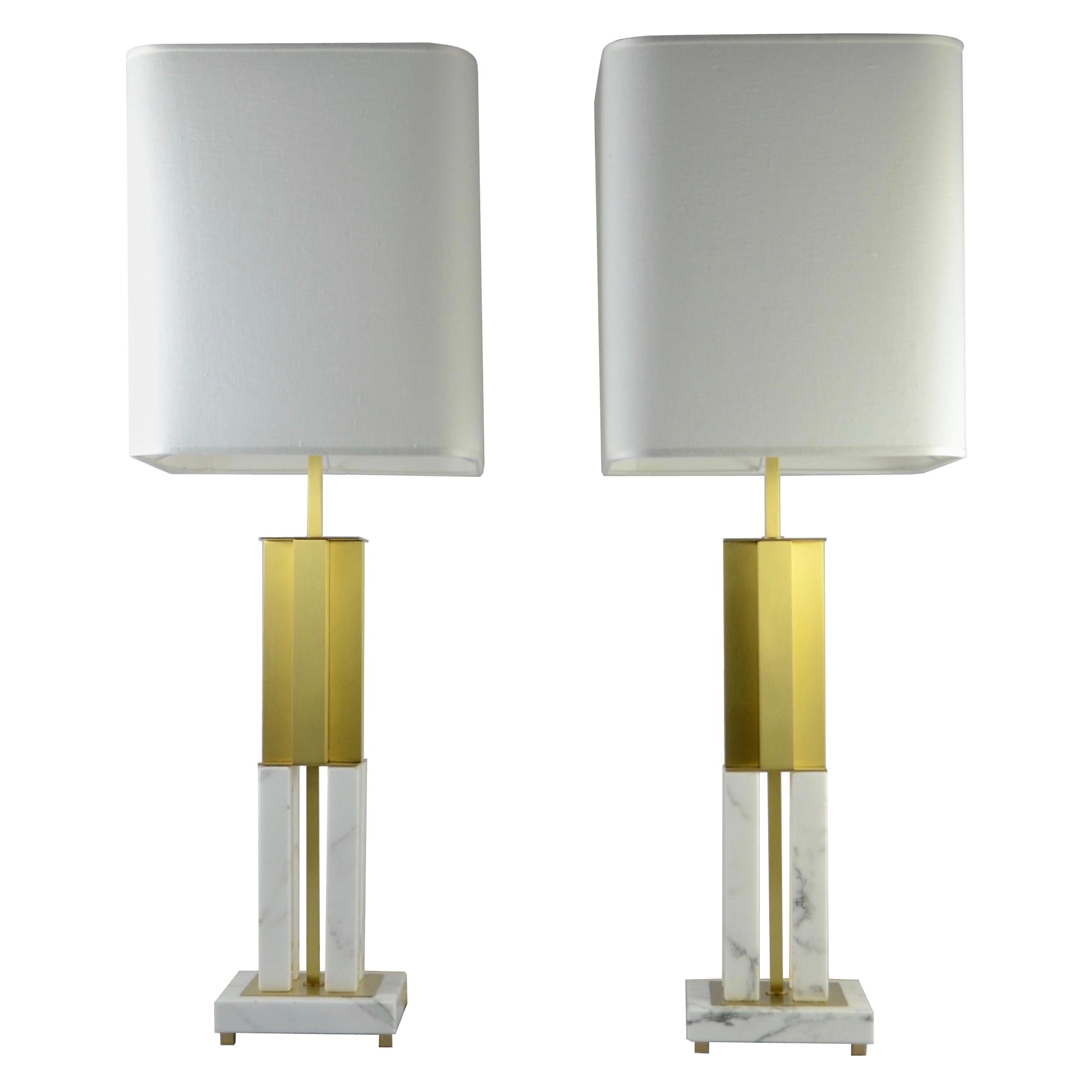 Bespoke Italian Art Deco Urban Design White Marble Satin Brass Empire Table Lamp