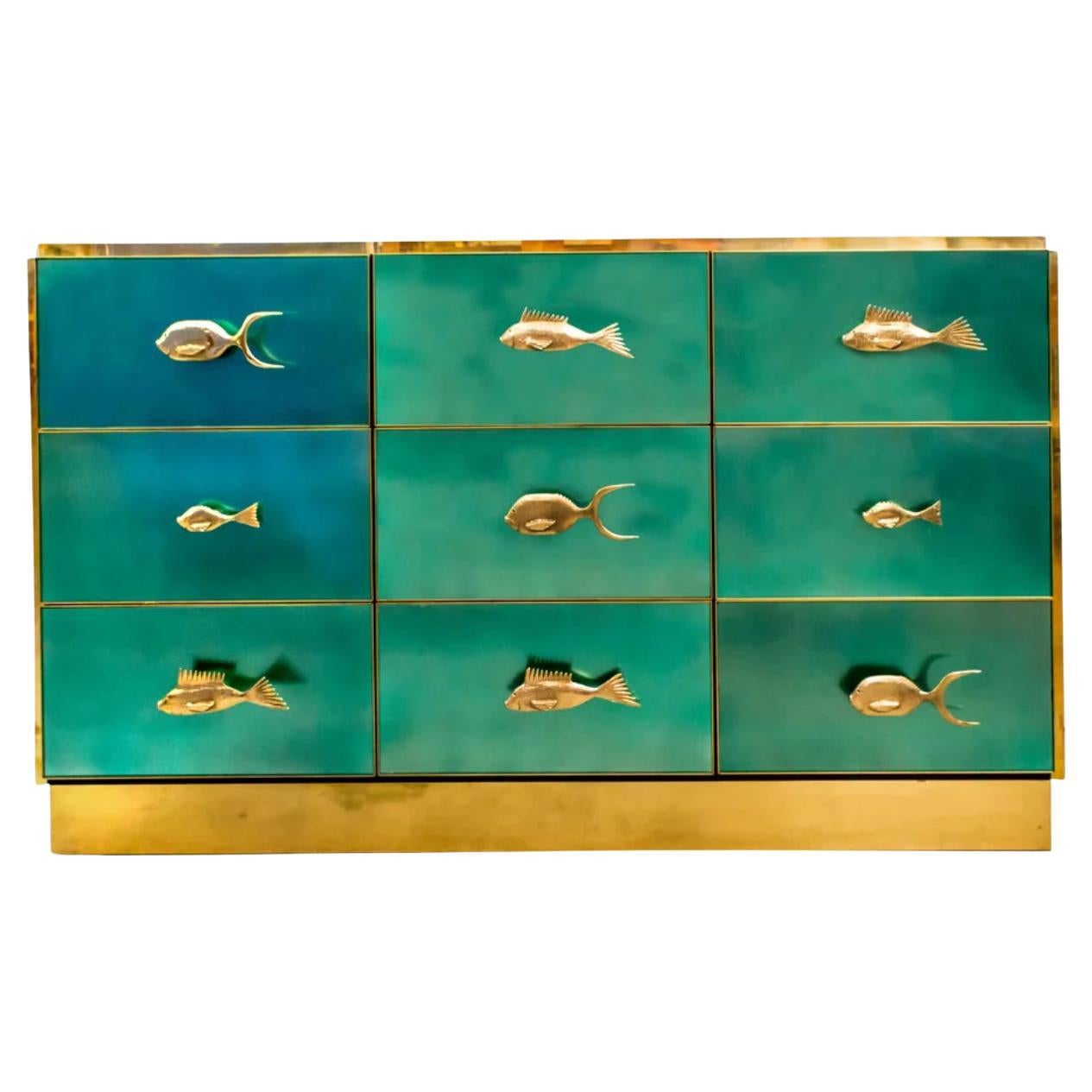 Bespoke Italian Art Design Brass Black White Stripe Glass Dresser Sideboard For Sale 3