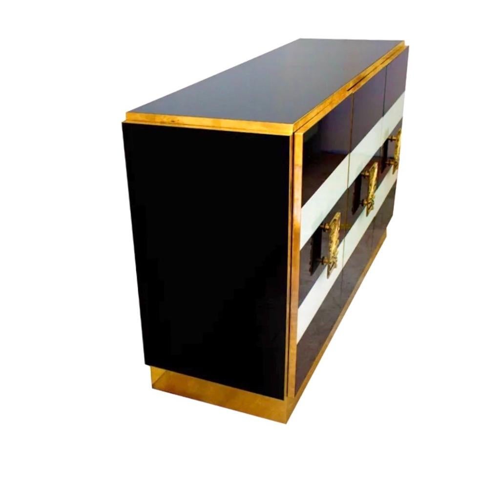 Organic Modern Bespoke Italian Art Design Brass Black White Stripe Glass Dresser Sideboard For Sale