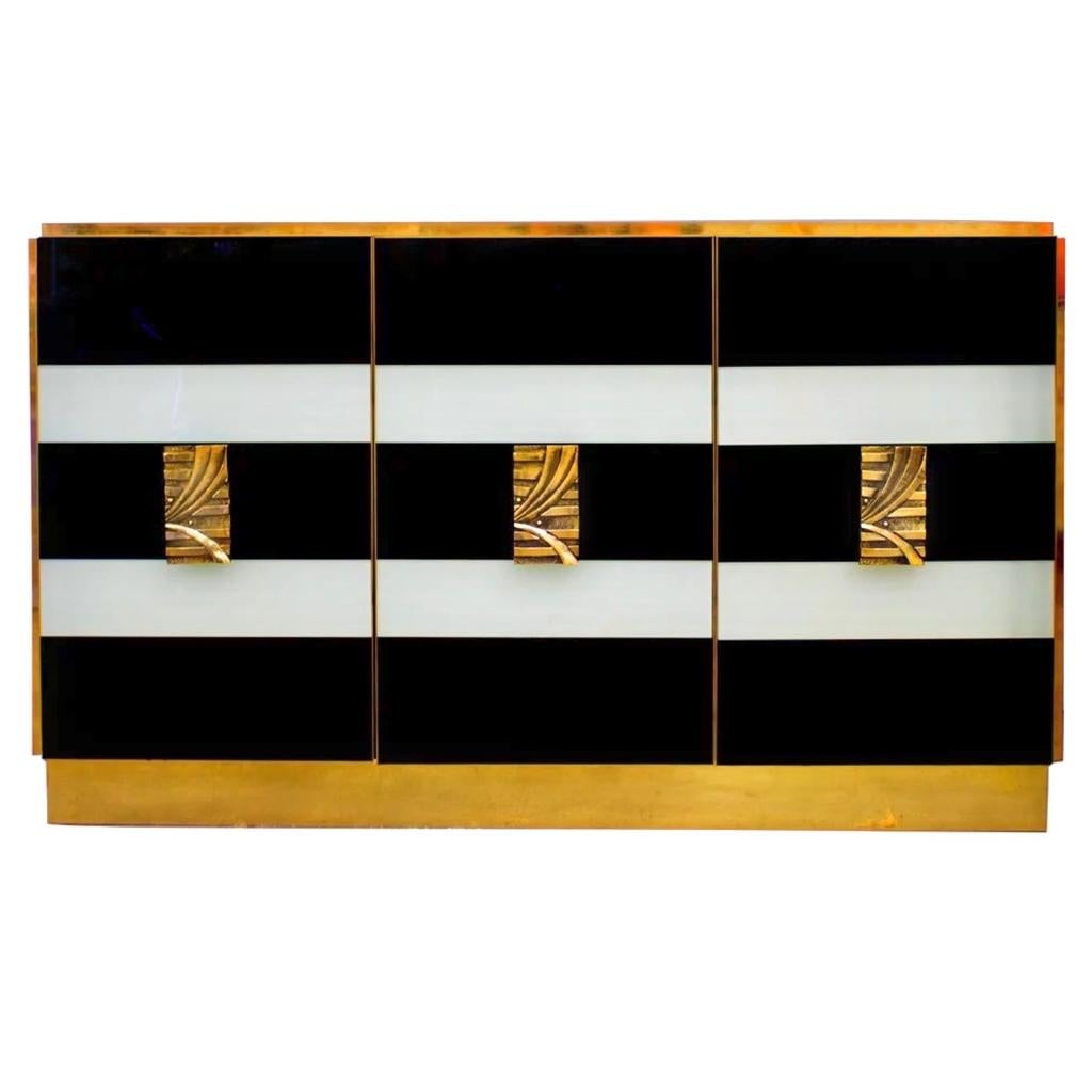 Hand-Crafted Bespoke Italian Art Design Brass Black White Stripe Glass Dresser Sideboard For Sale