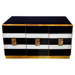 Bespoke Italian Art Design Brass Black White Stripe Glass Dresser Sideboard