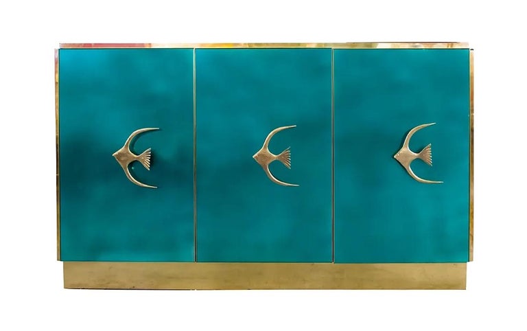 Bespoke Italian Art Design Brass Emerald Green Glass 9-Drawer Dresser Sideboard For Sale 4