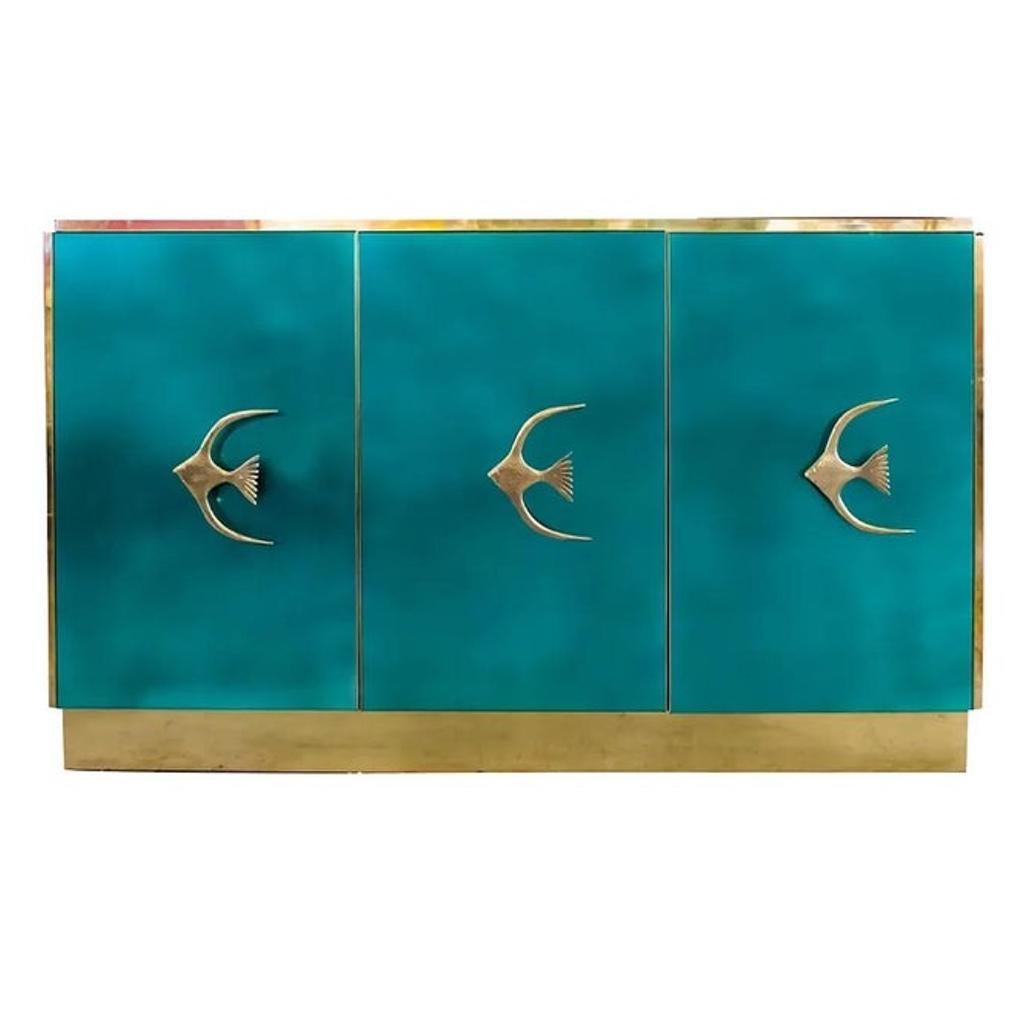 Bespoke Italian Art Design Brass Emerald Green Glass 9-Drawer Dresser Sideboard For Sale 3