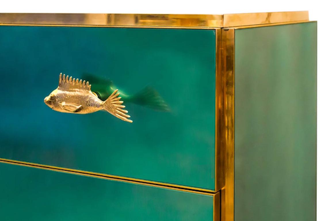 Organic Modern Bespoke Italian Brass Emerald Blue Green Art Glass 9-Drawer Dresser Sideboard For Sale