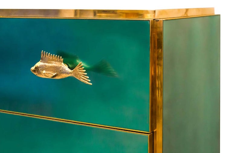 Hand-Crafted Bespoke Italian Art Design Brass Emerald Green Glass 9-Drawer Dresser Sideboard For Sale