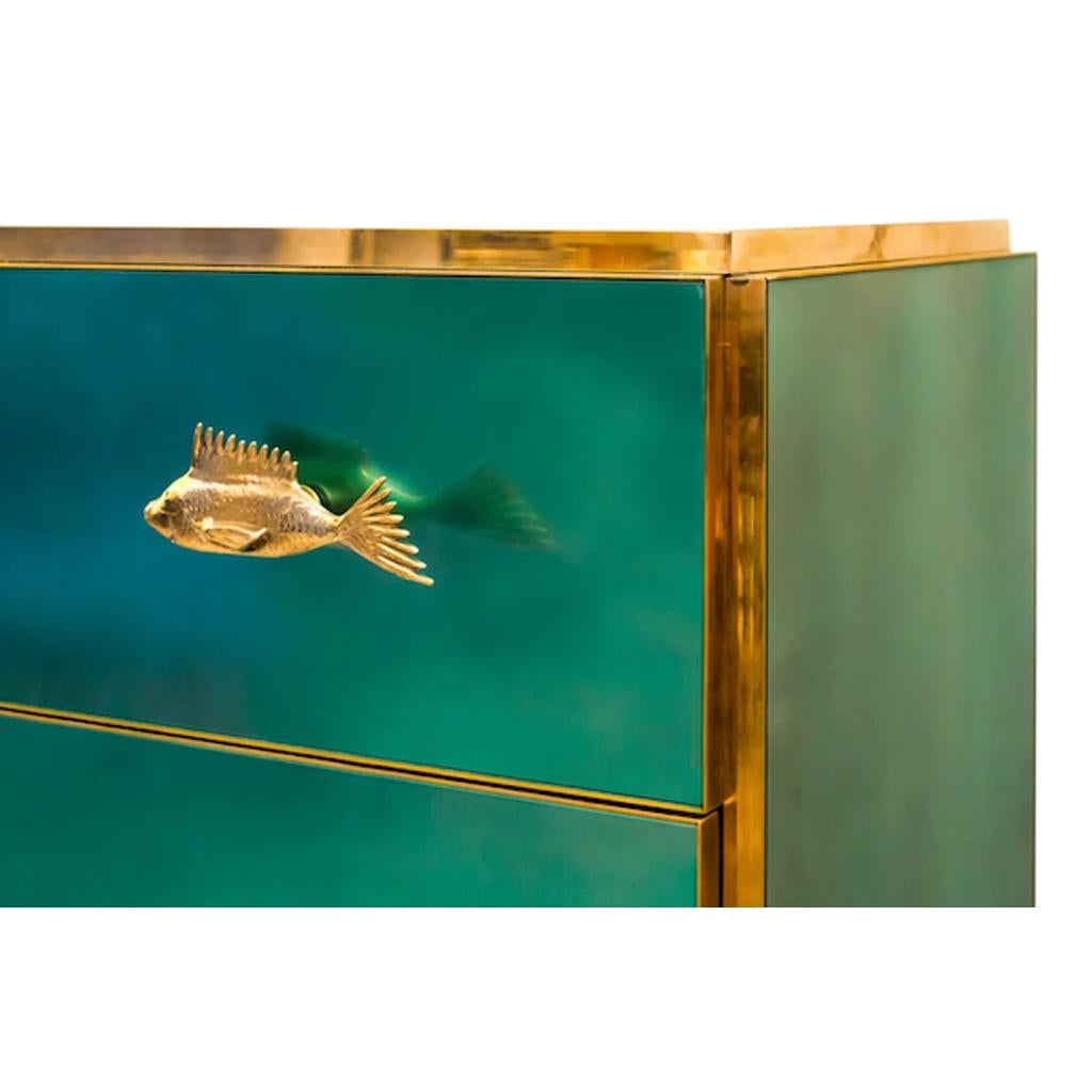 Organic Modern Bespoke Italian Art Design Brass Emerald Green Glass 9-Drawer Dresser Sideboard For Sale