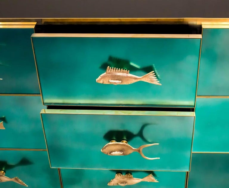 Bespoke Italian Brass Emerald Blue Green Art Glass 9-Drawer Dresser  Sideboard For Sale at 1stDibs | green 9 drawer dresser