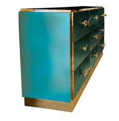 Bespoke Italian Brass Emerald Blue Green Art Glass 9-Drawer Dresser Sideboard
