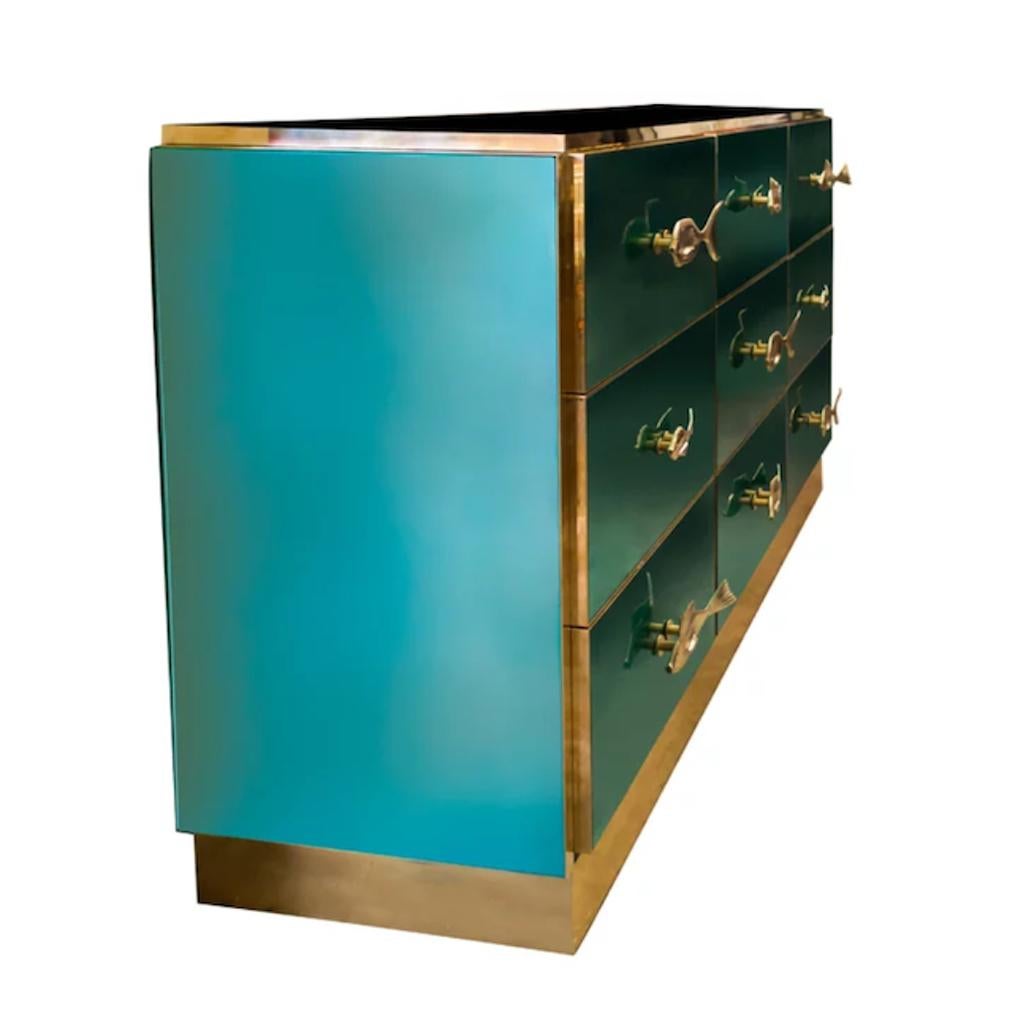 Cast Bespoke Italian Art Design Brass Emerald Green Glass 9-Drawer Dresser Sideboard For Sale