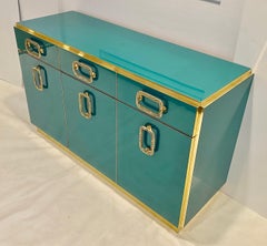 Bespoke Italian Art Design Brass Metallic Emerald Blue Glass Dresser Sideboard