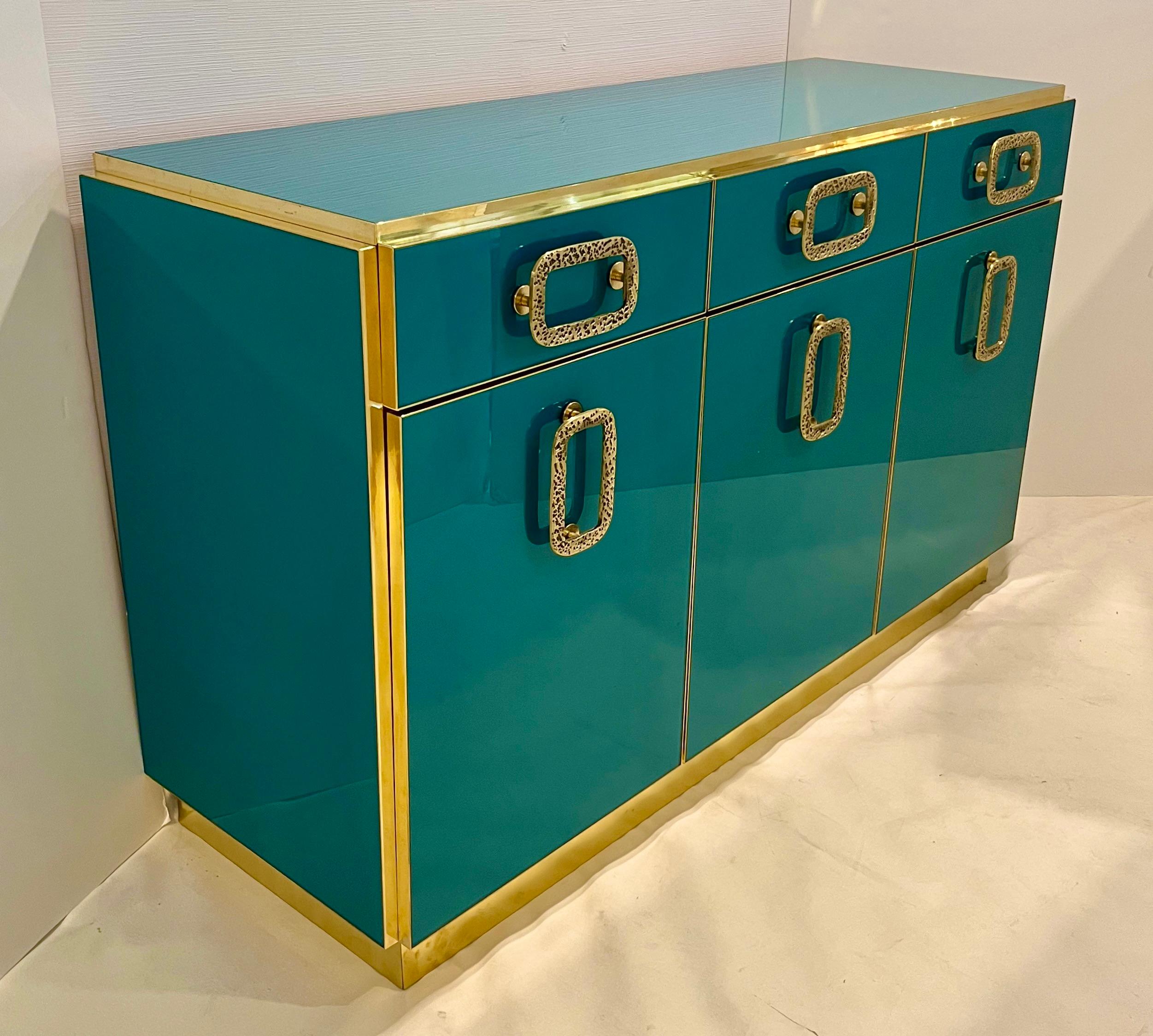 Organic Modern Bespoke Italian Art Design Brass Metallic Emerald Blue Glass Dresser Sideboard For Sale