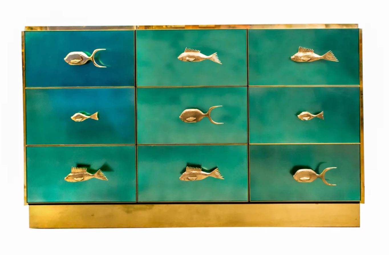 Bespoke Italian Art Design Brass Metallic Emerald Blue Glass Dresser Sideboard For Sale 2