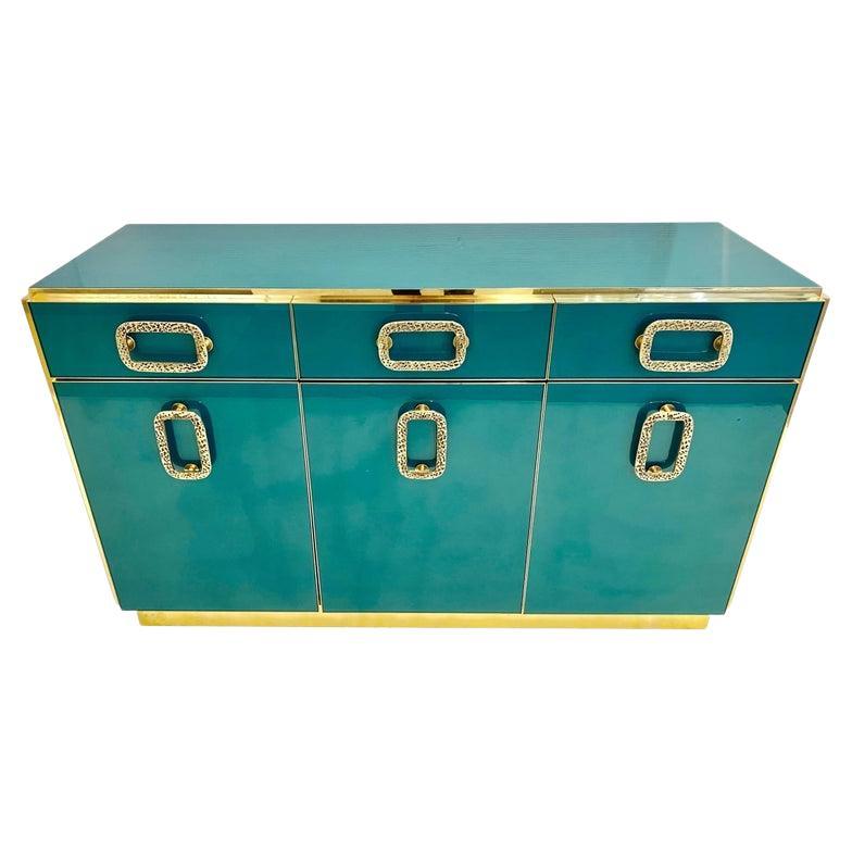 Bespoke Italian Art Design Brass Metallic Emerald Blue Glass Dresser Sideboard For Sale