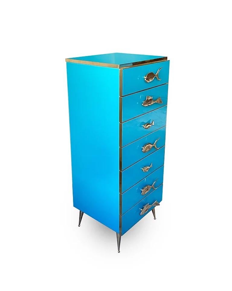 Bespoke Italian Art Design Brass White & Dark Blue Glass 2-Door Highboy Cabinet For Sale 4