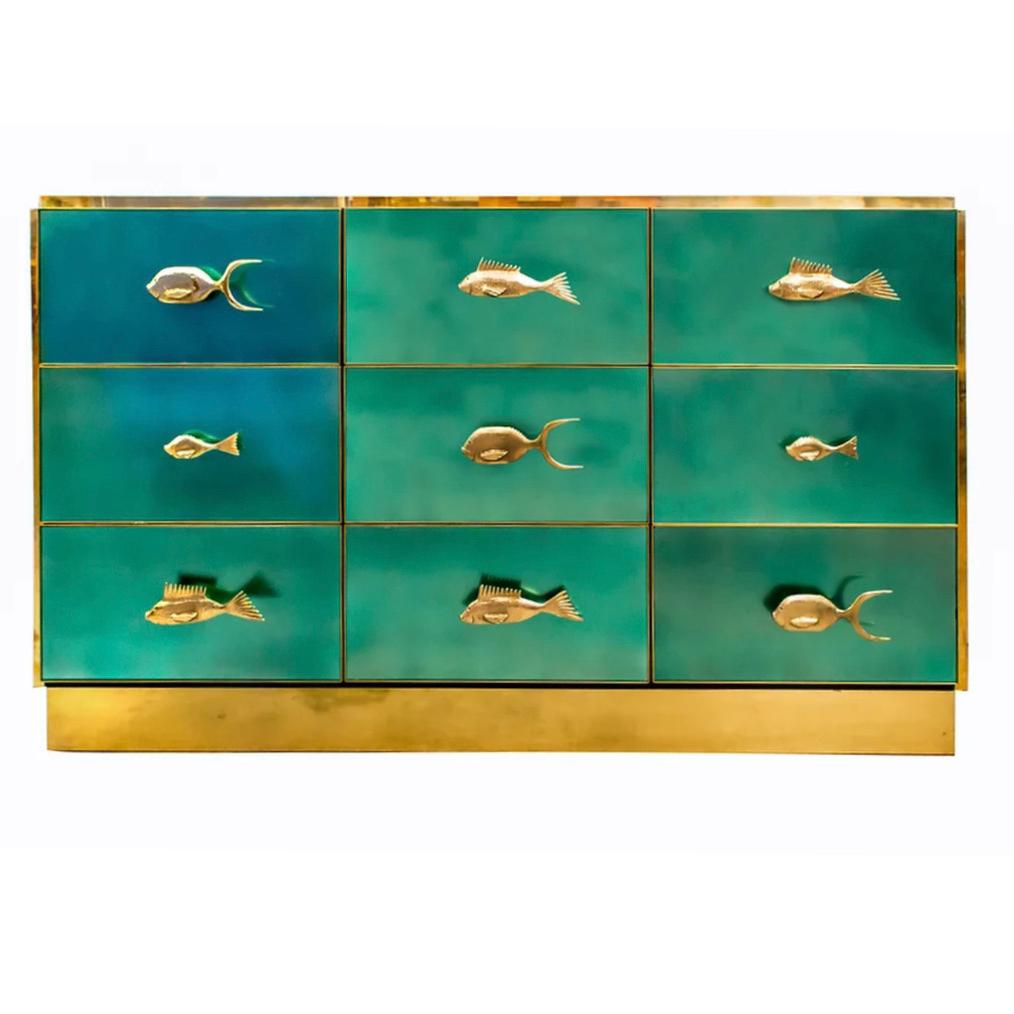 Bespoke Italian Art Design Brass White & Dark Blue Glass 2-Door Highboy Cabinet For Sale 5