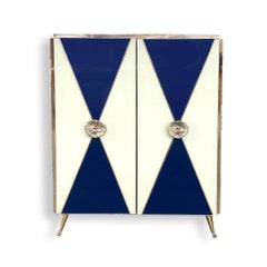 Bespoke Italian Art Design Brass White & Dark Blue Glass 2-Door Highboy Cabinet
