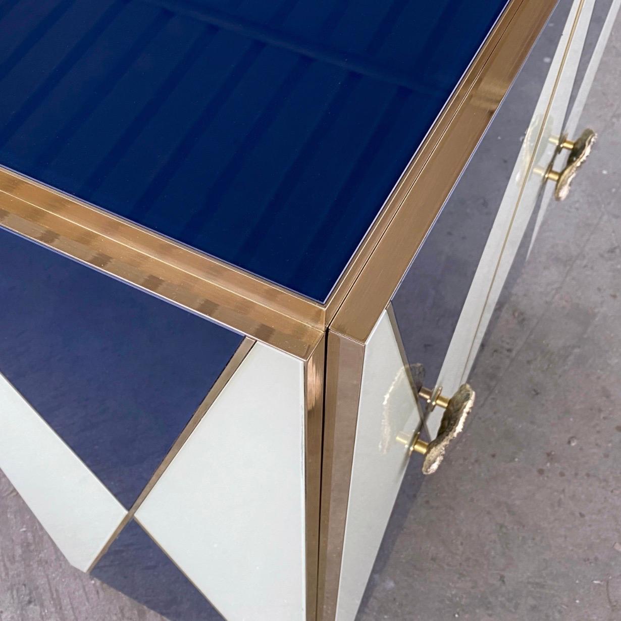 Organic Modern Bespoke Italian Art Design Brass White & Dark Blue Glass 2-Door Highboy Cabinet For Sale