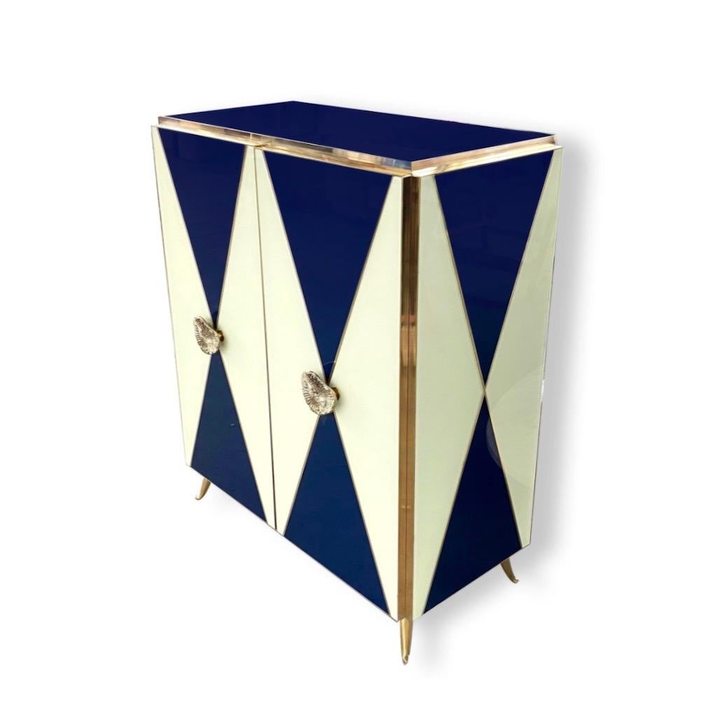 Bespoke Italian Art Design Brass White & Dark Blue Glass 2-Door Highboy Cabinet For Sale 2