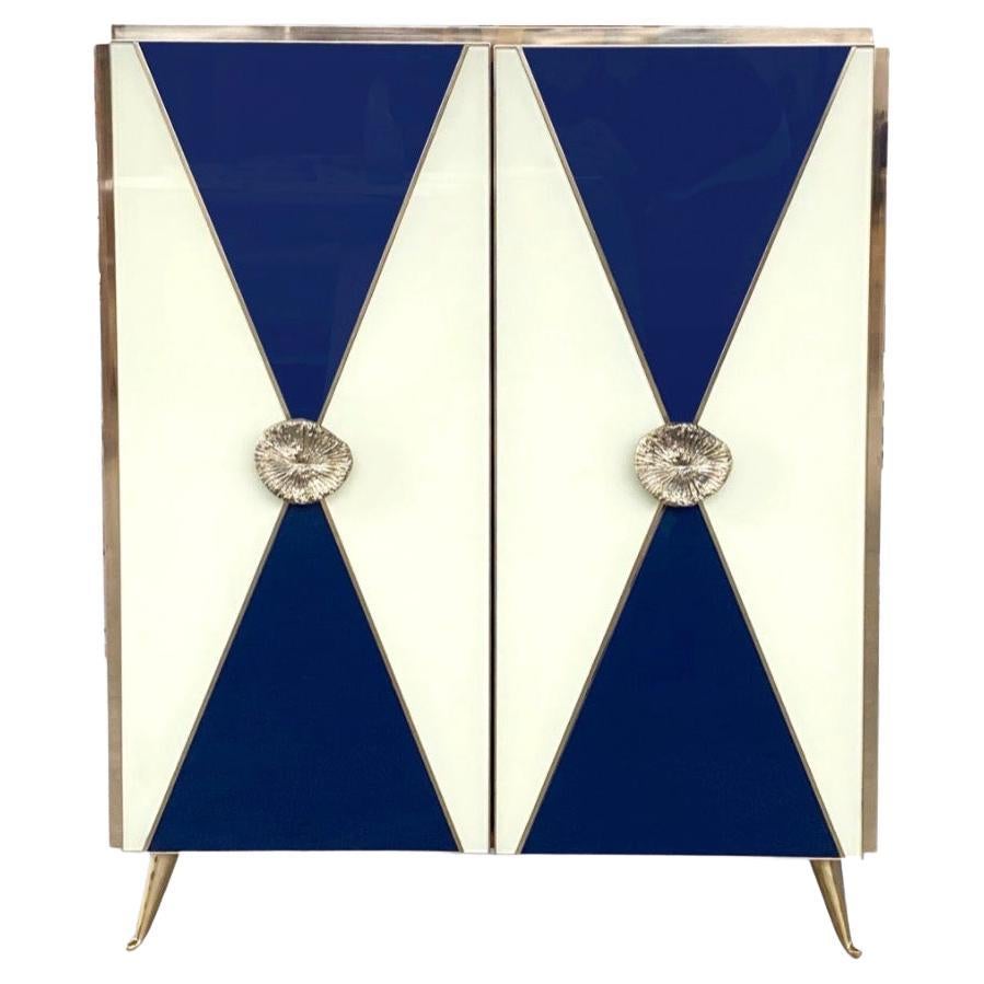 Bespoke Italian Art Design Brass White & Dark Blue Glass 2-Door Highboy Cabinet