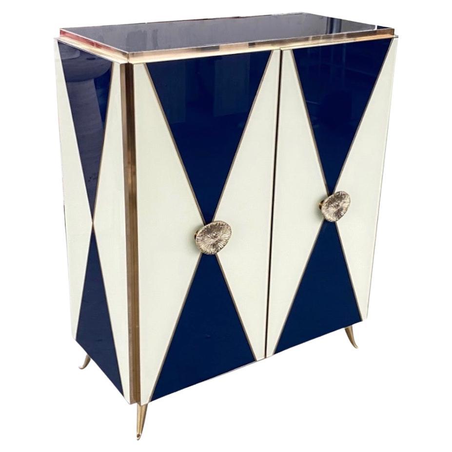 Bespoke Italian Art Design Brass White & Dark Blue Glass 2-Door Highboy Cabinet For Sale
