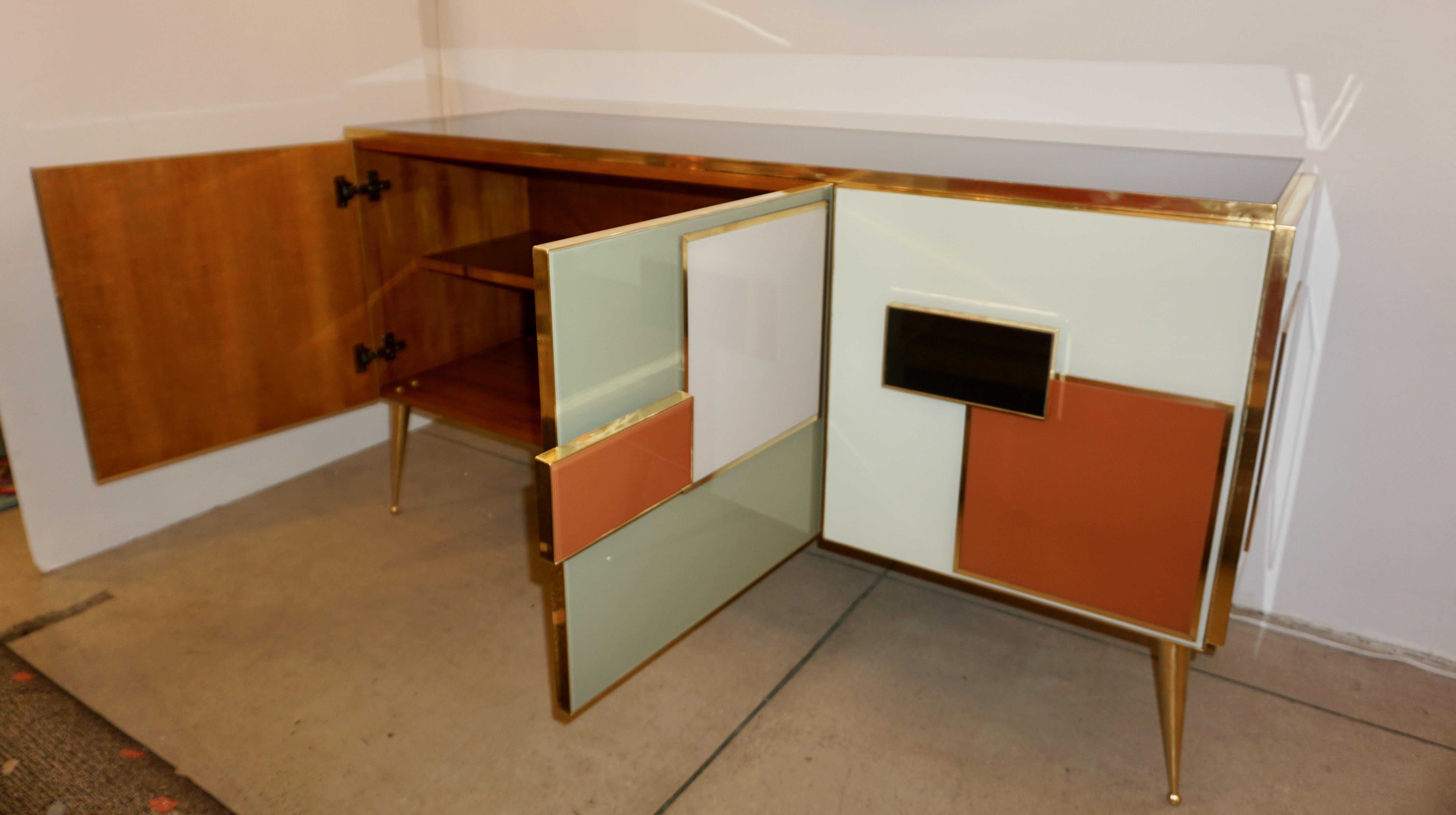 Brass Bespoke Italian Black Cream Green Ochre Geometric Postmodern Cabinet/Sideboard For Sale