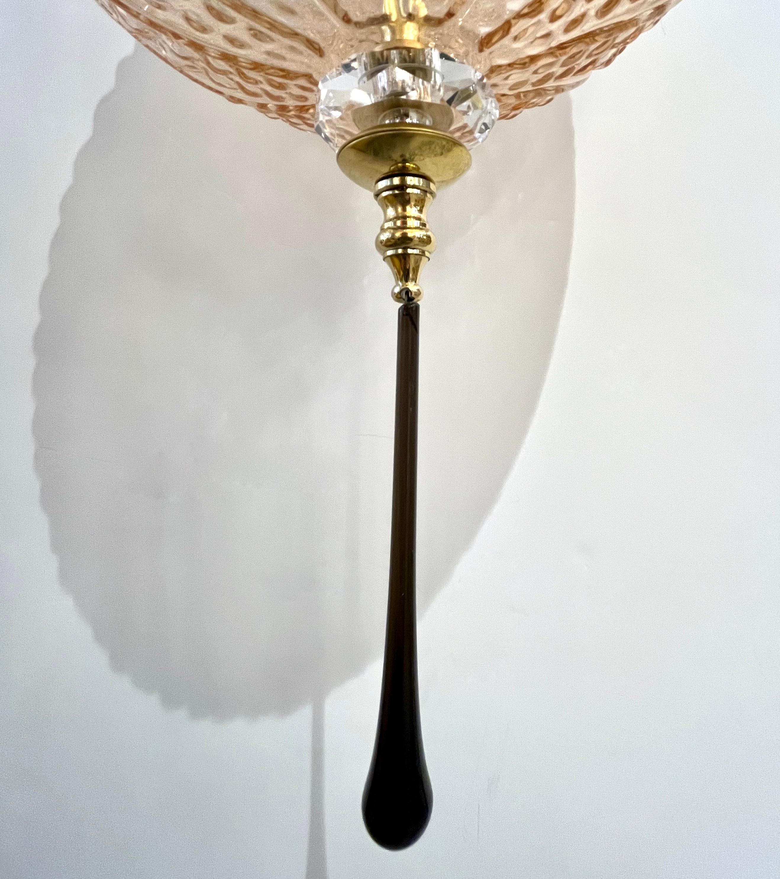 Bespoke Italian Black & Pink Crystal Murano Glass Brass Pendant Big Globe Light For Sale 5
