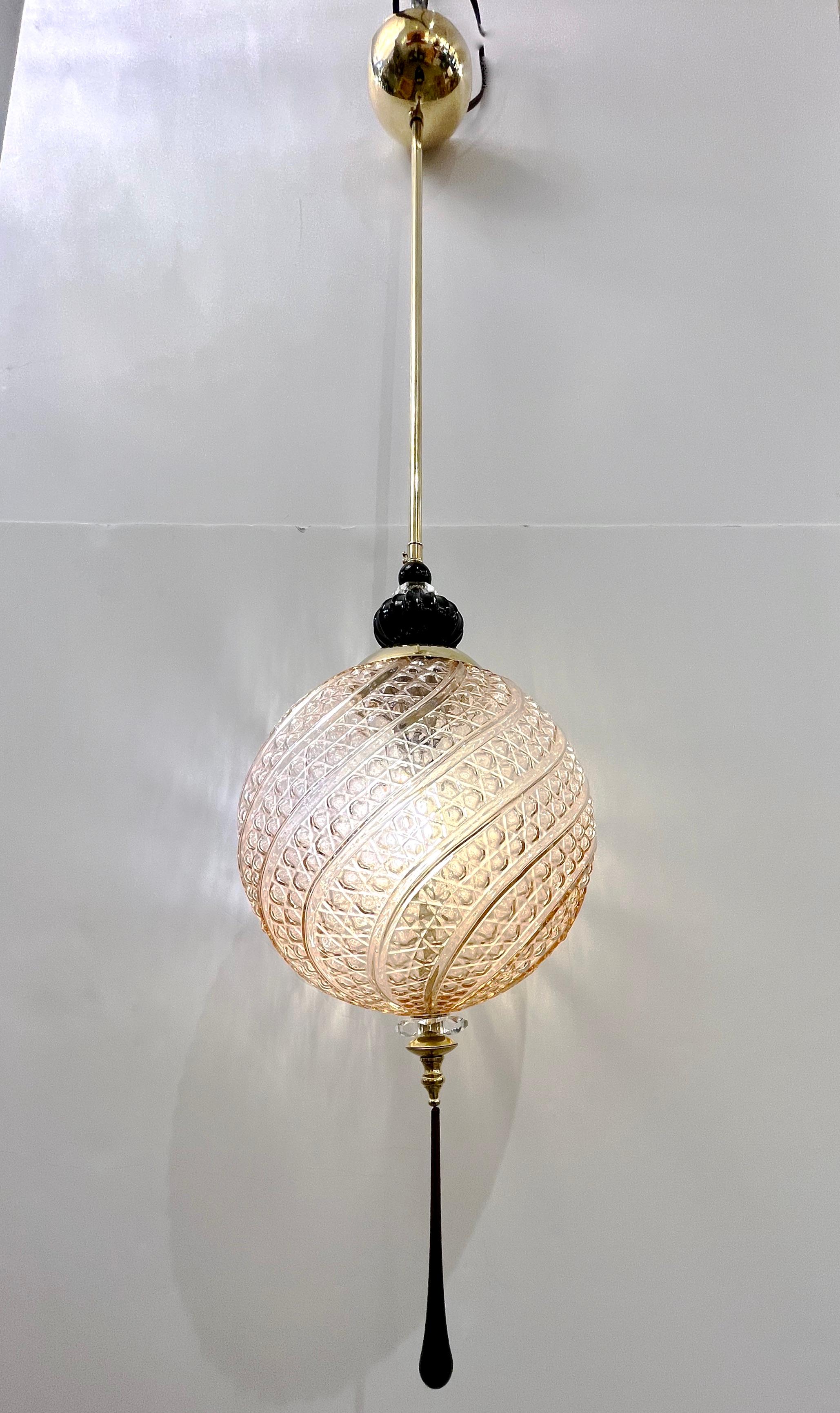 Bespoke Italian Black & Pink Crystal Murano Glass Brass Pendant Big Globe Light For Sale 2