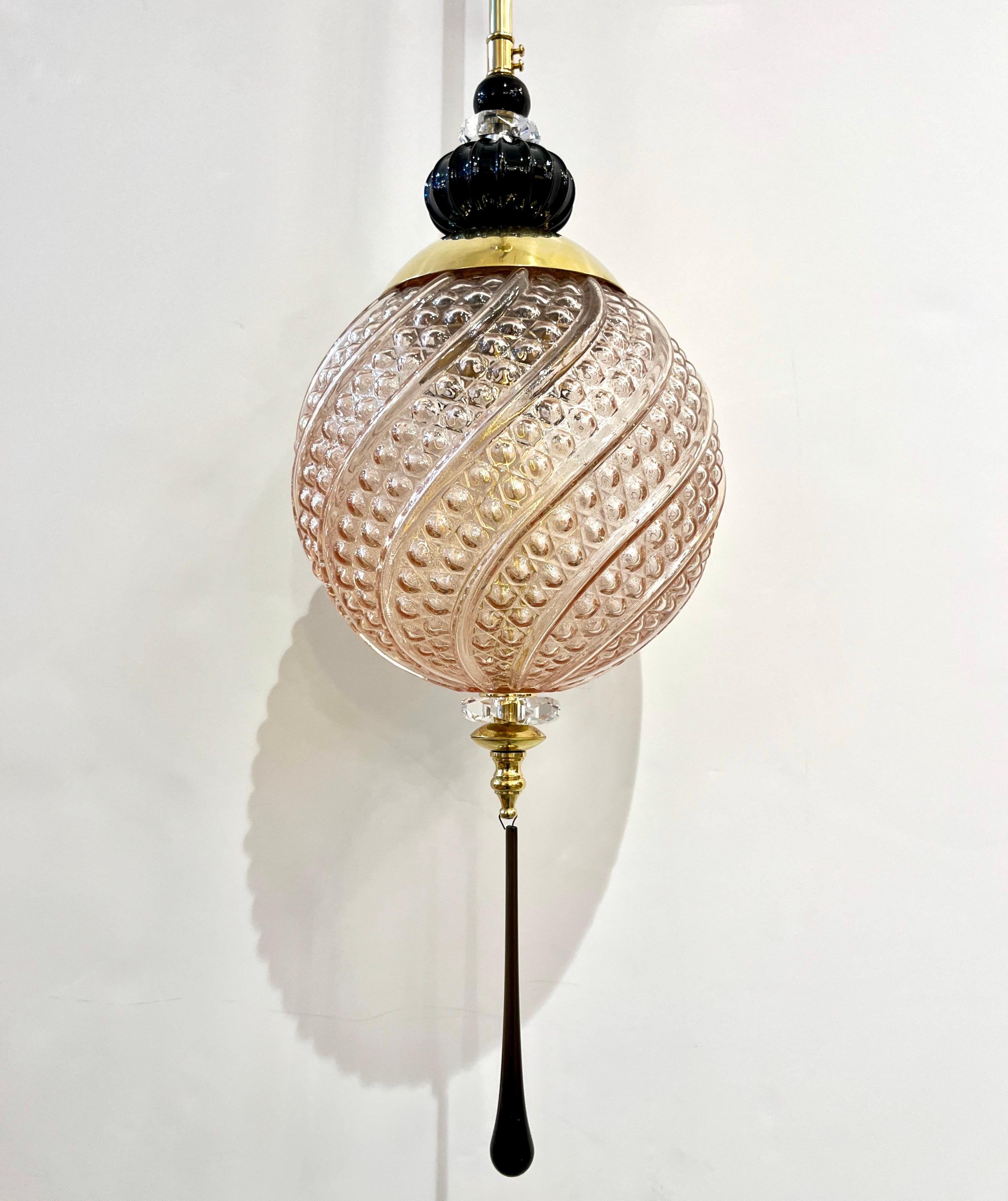Bespoke Italian Black & Pink Crystal Murano Glass Brass Pendant Big Globe Light For Sale 7