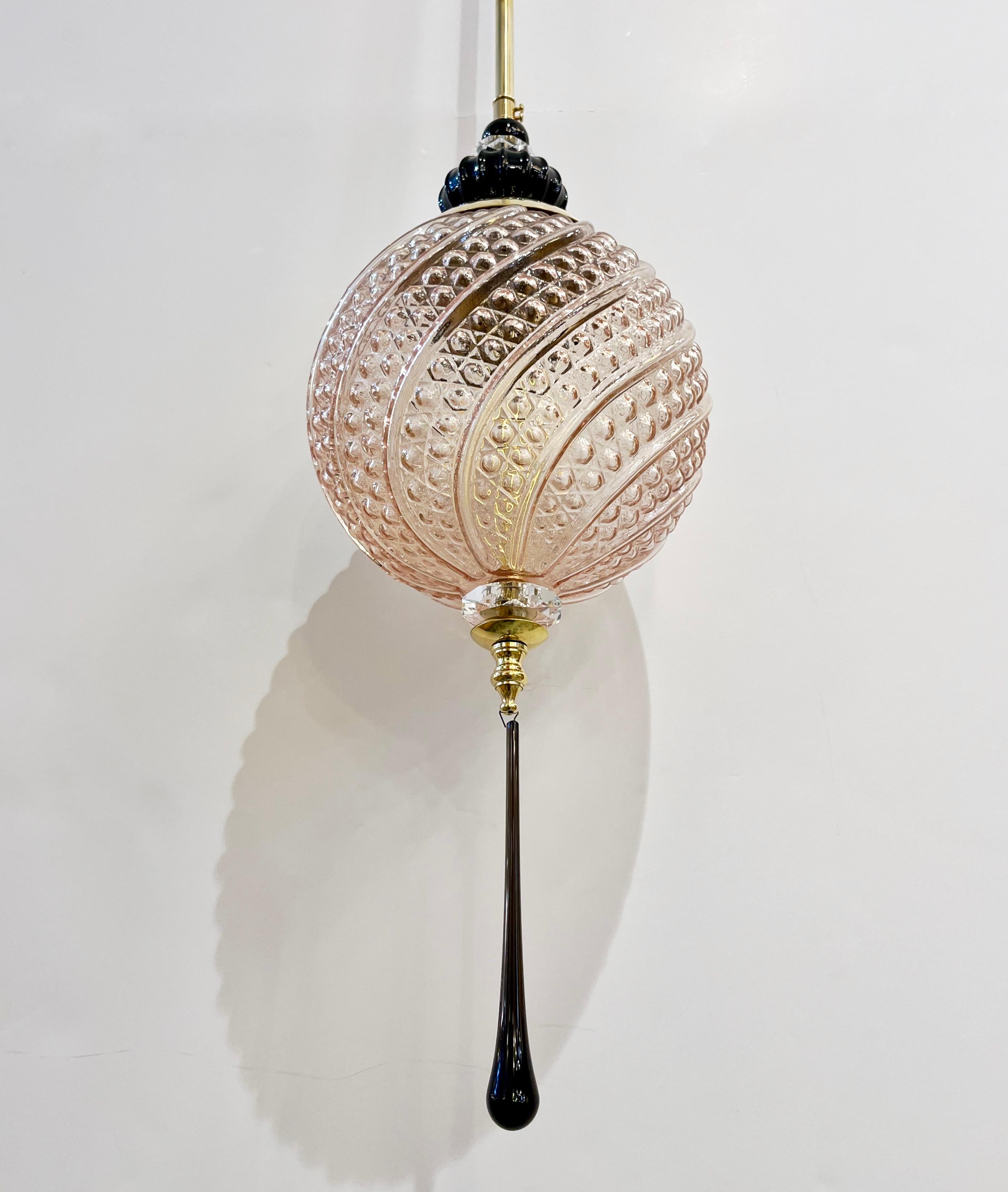 Bespoke Italian Black & Pink Crystal Murano Glass Brass Pendant Big Globe Light For Sale 8