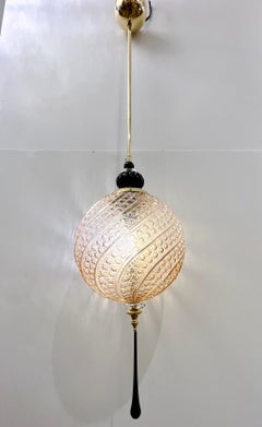 Bespoke Italian Black & Pink Crystal Murano Glass Brass Pendant Big Globe Light