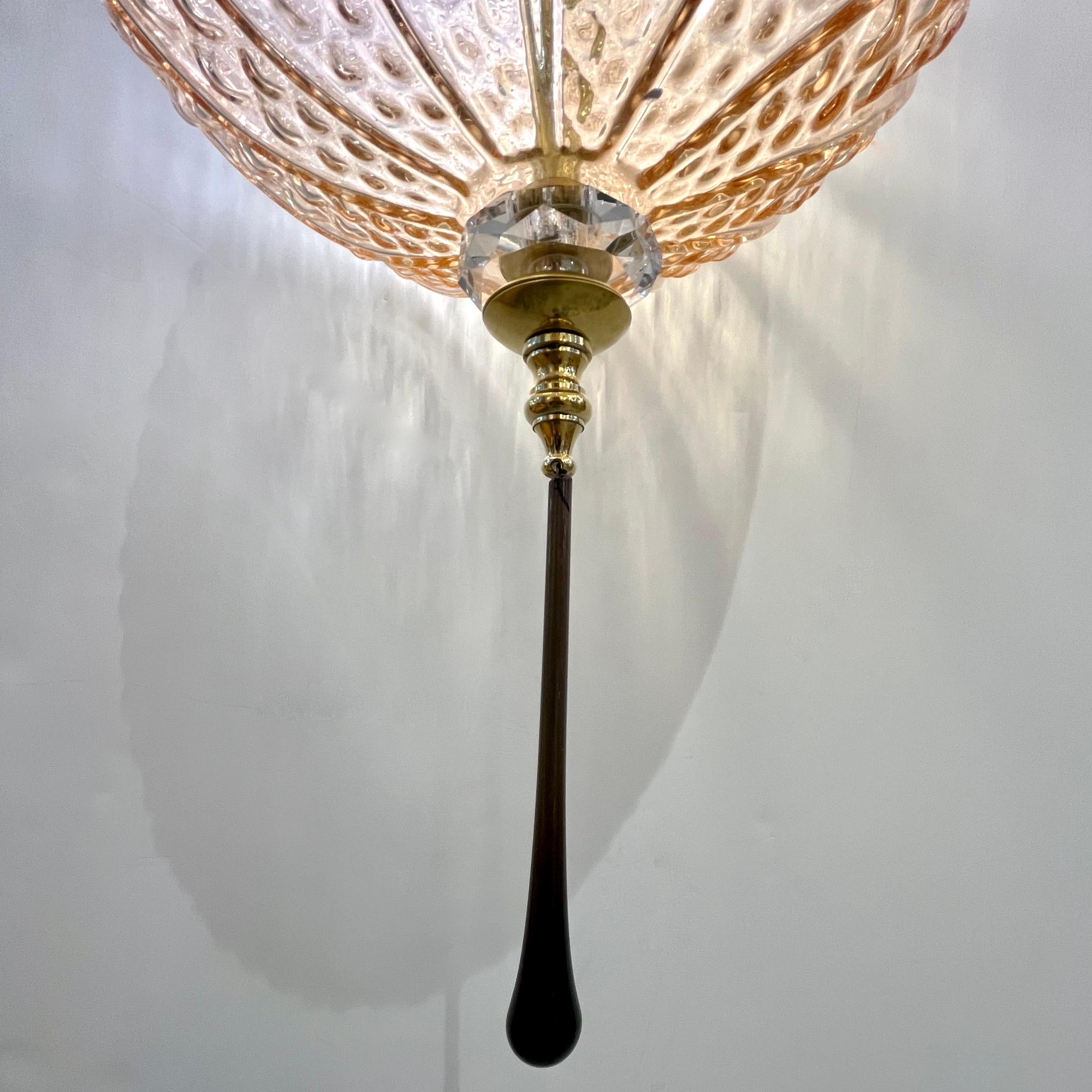 Hand-Crafted Bespoke Italian Black & Pink Crystal Murano Glass Brass Pendant Big Globe Light For Sale