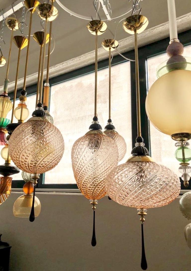 Organic Modern Bespoke Italian Black & Pink Crystal Murano Glass Brass Pendant Big Globe Light For Sale