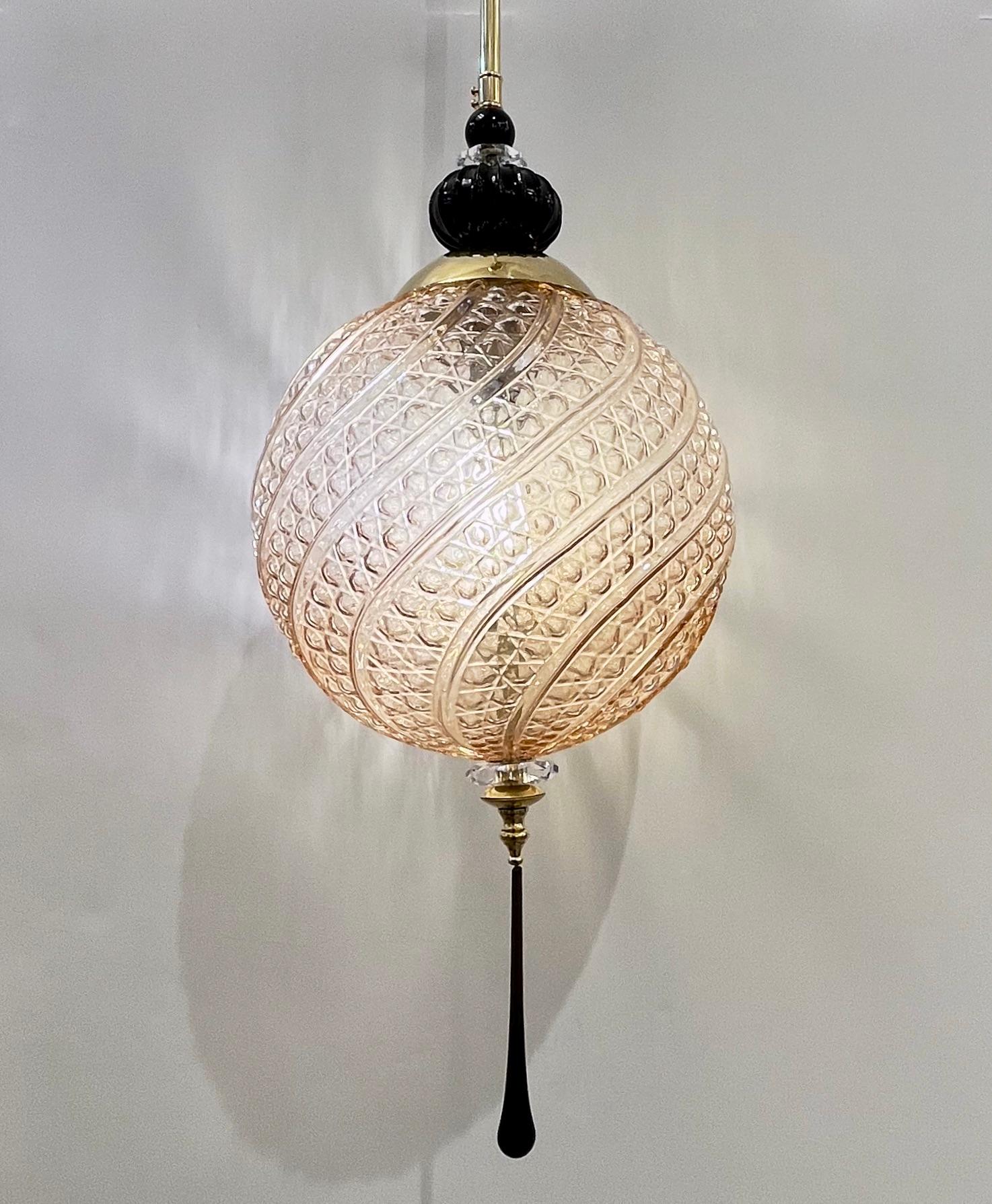Bespoke Italian Black & Pink Crystal Murano Glass Brass Pendant Big Globe Light For Sale 3