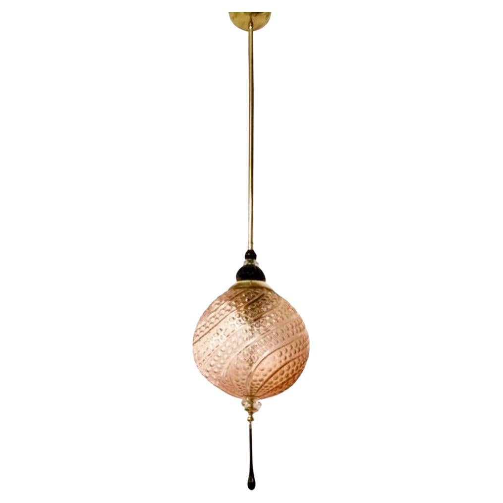 Bespoke Italian Black & Pink Crystal Murano Glass Brass Pendant Big Globe Light For Sale