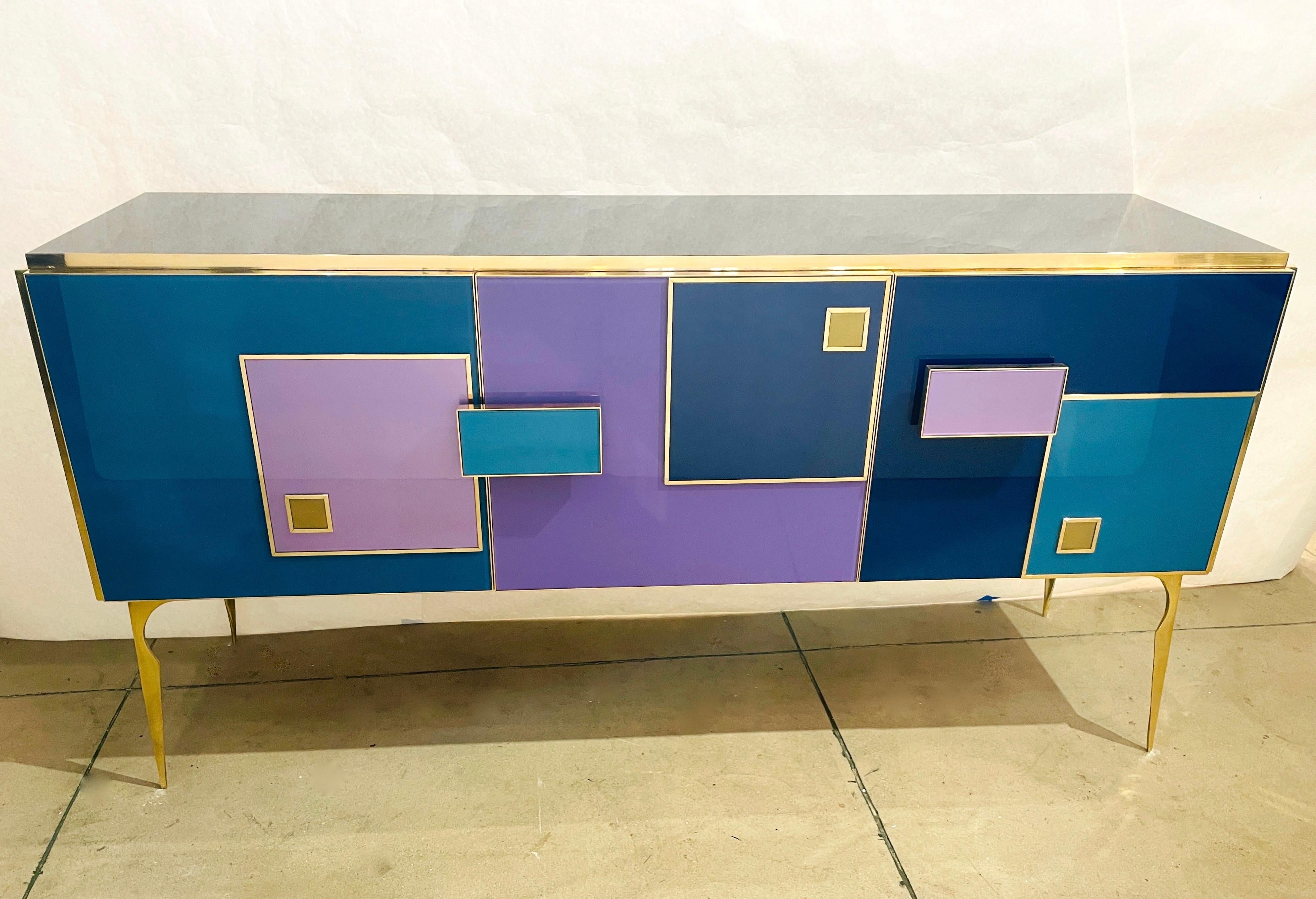 Bespoke Italian Black Purple Blue Gold Geometric Postmodern Cabinet / Sideboard For Sale 1