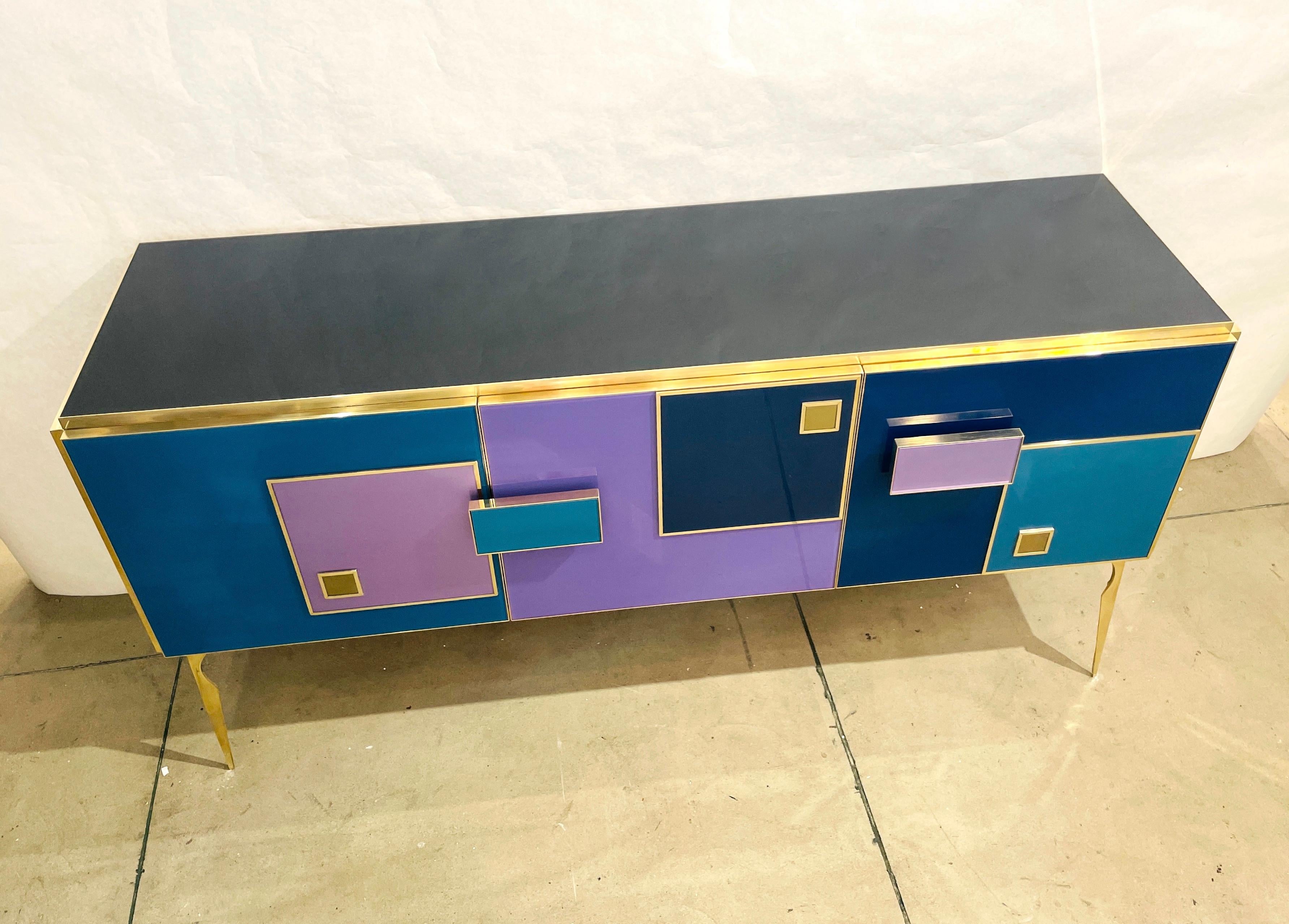 Hand-Crafted Bespoke Italian Black Purple Blue Gold Geometric Postmodern Cabinet / Sideboard For Sale