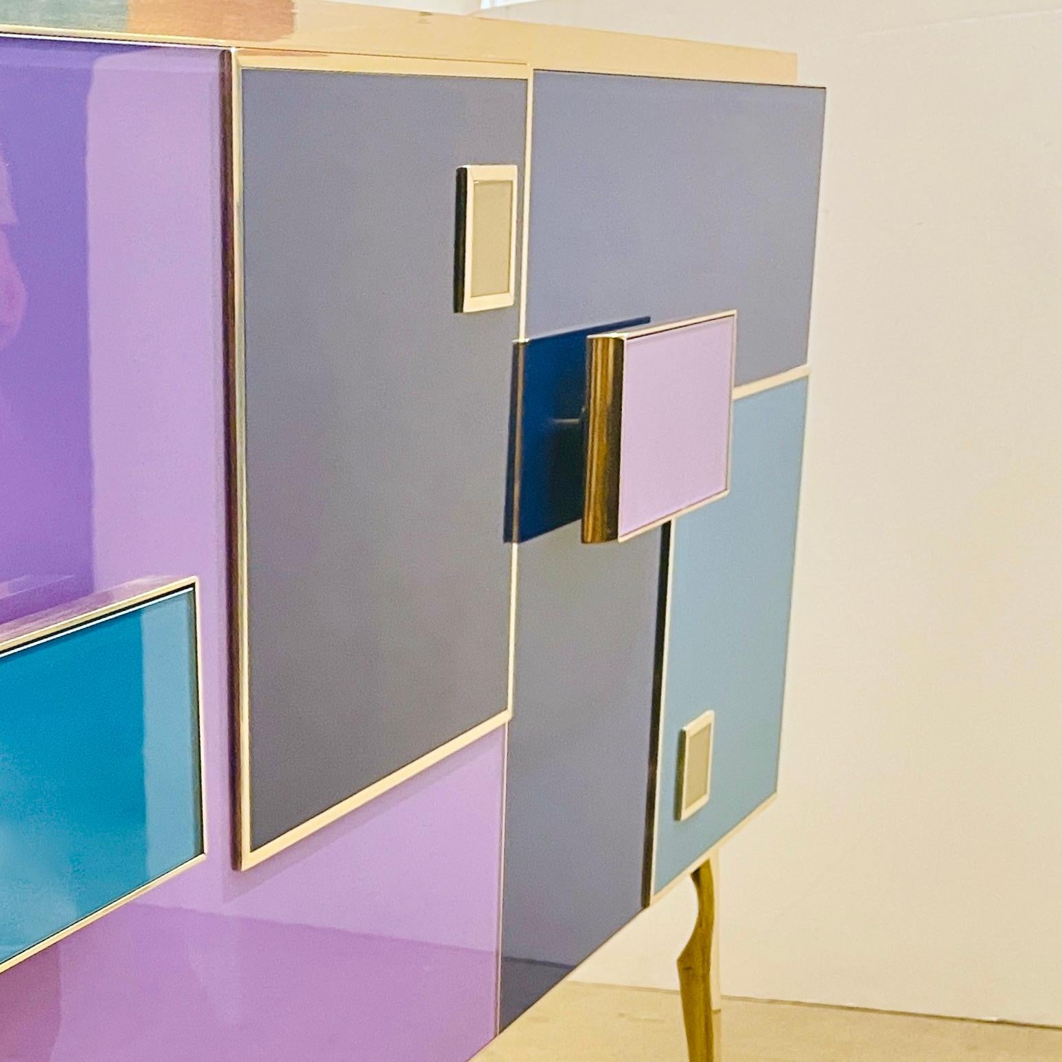Brass Bespoke Italian Black Purple Blue Gold Geometric Postmodern Cabinet / Sideboard For Sale