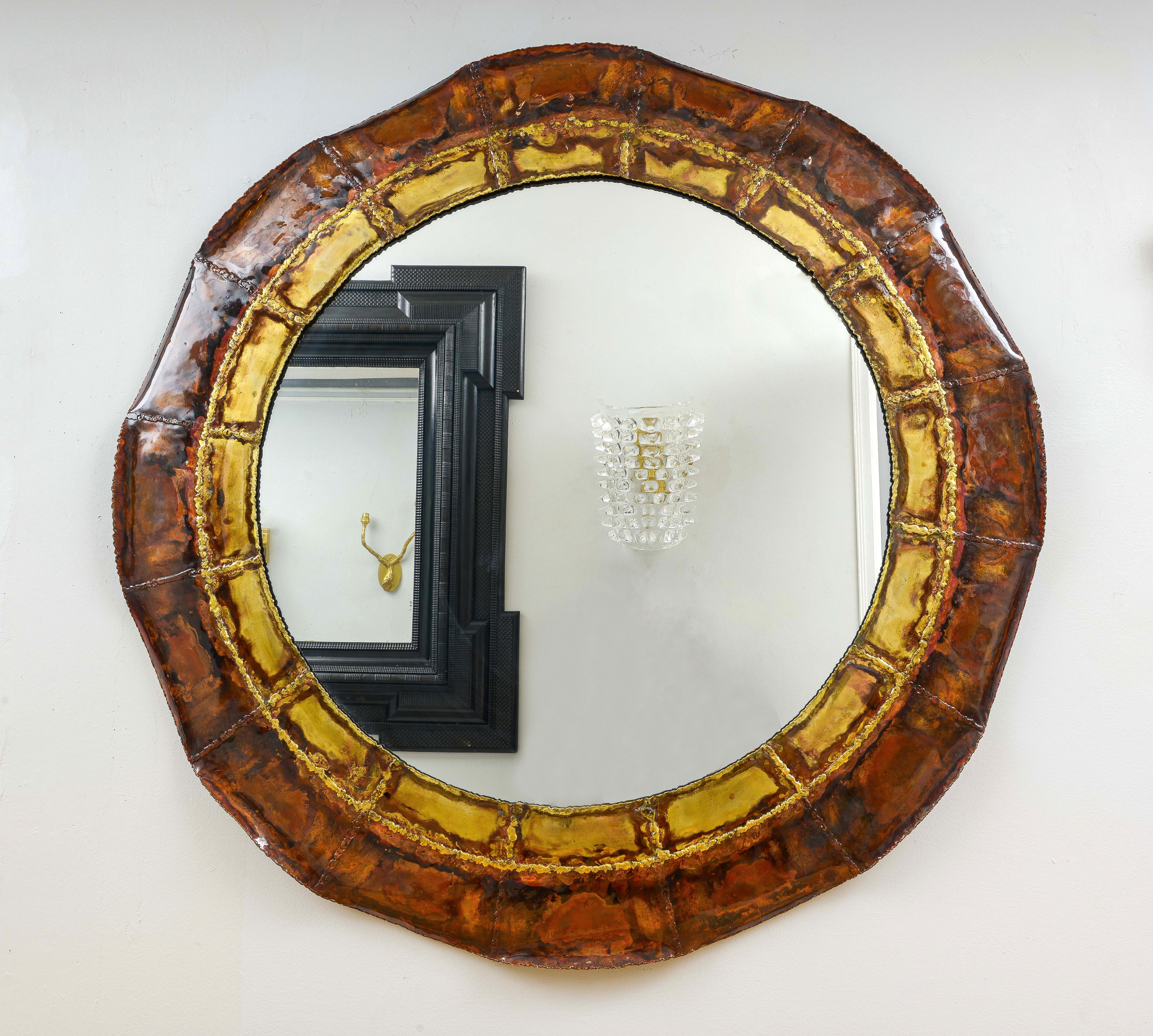Beautifully hand-crafted Italian brass and copper enameled mirror.
Please note that this mirror can be custom made. One mirror is readily available.
Lead time for custom-made is 8-10 weeks.