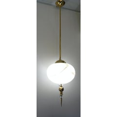 Bespoke Italian Brass and Cream White Alabaster Murano Glass Oval Pendant Light