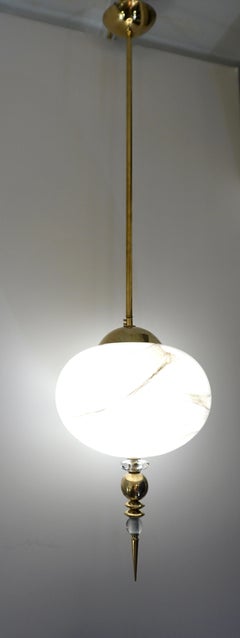 Bespoke Italian Brass and Cream White Alabaster Murano Glass Oval Pendant Light