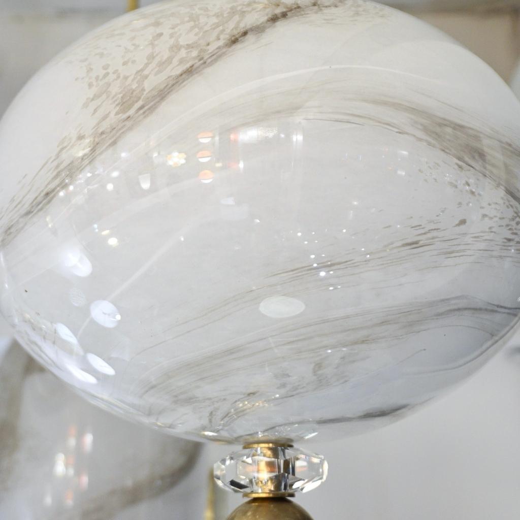 Organic Modern Bespoke Italian Brass and Cream White Alabaster Murano Glass Oval Pendant Light For Sale