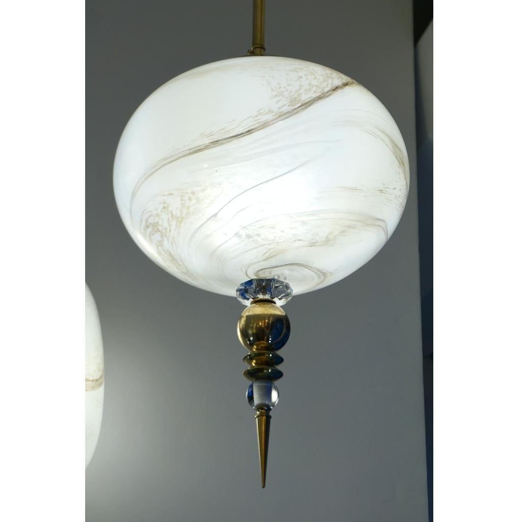 Bespoke Italian Brass and Cream White Alabaster Murano Glass Oval Pendant Light In New Condition For Sale In New York, NY