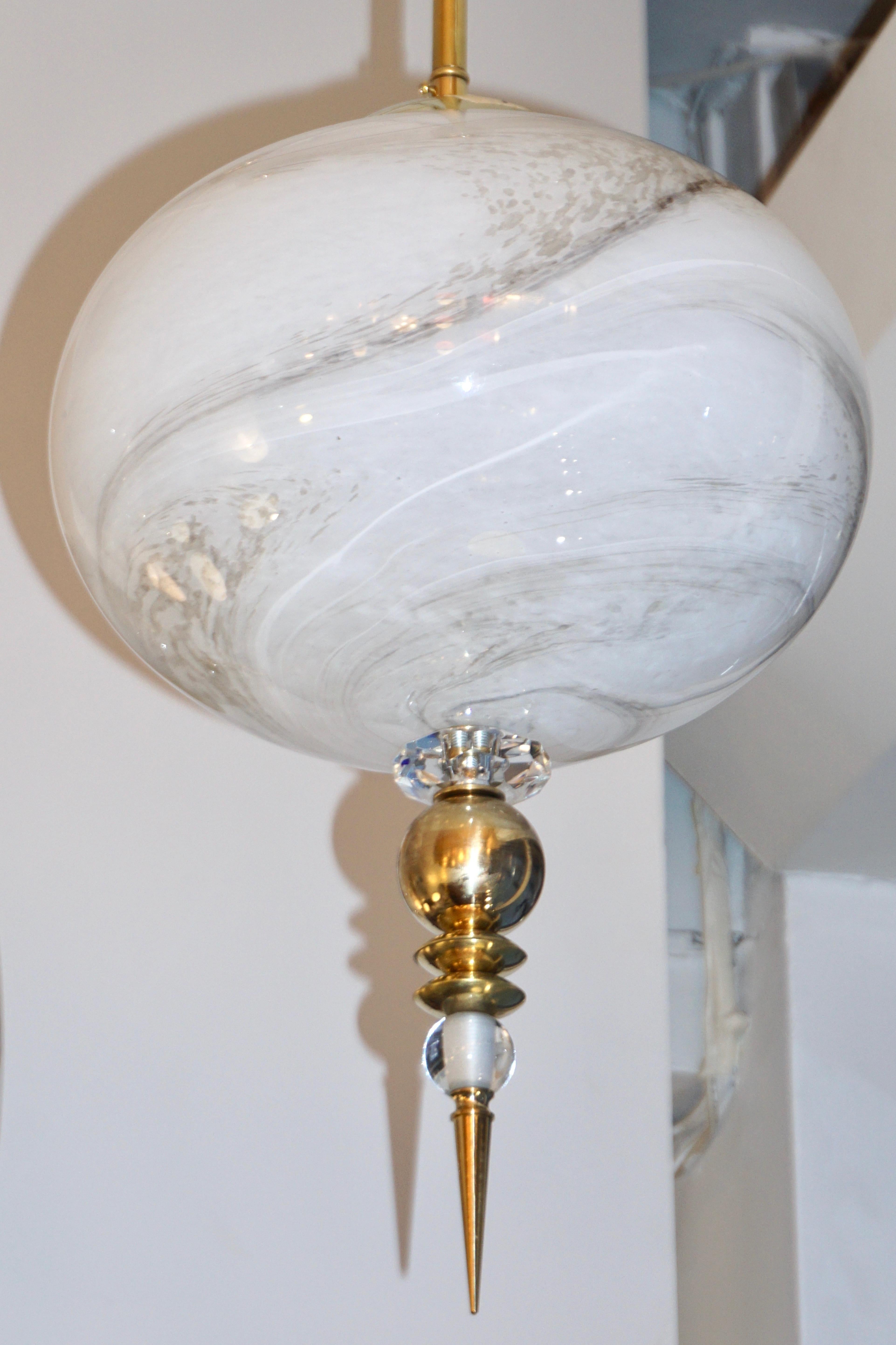 Bespoke Italian Brass and Cream White Alabaster Murano Glass Oval Pendant Light In New Condition For Sale In New York, NY