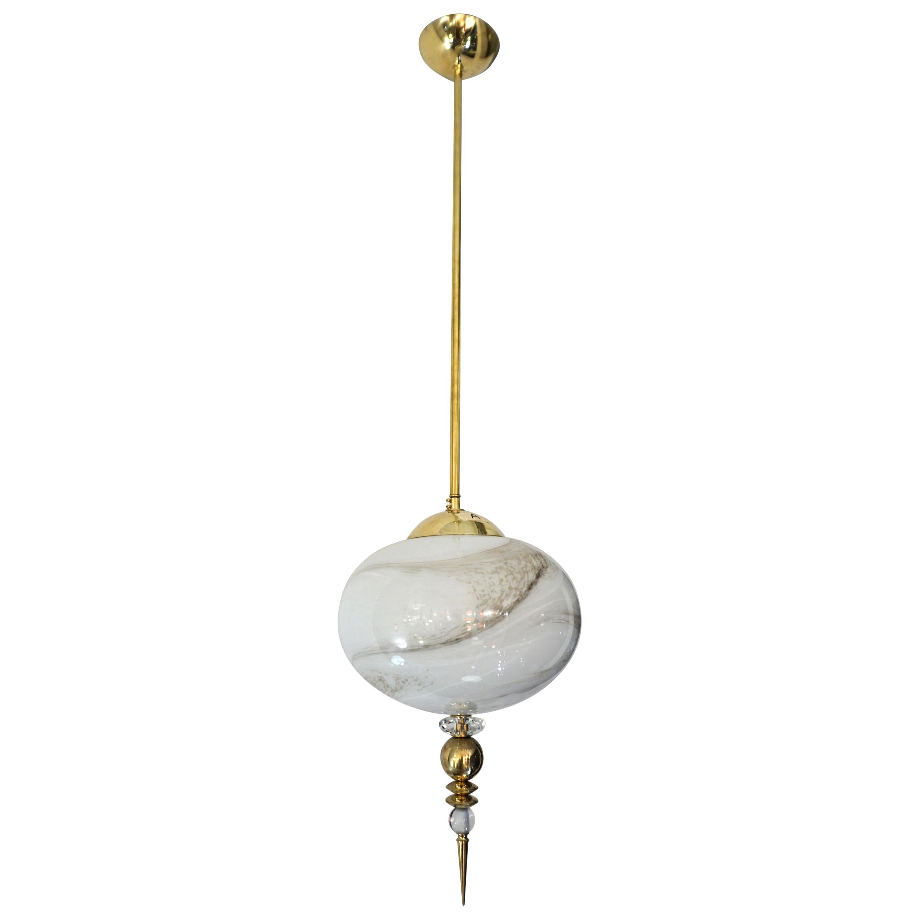 Bespoke Italian Brass and Cream White Alabaster Murano Glass Oval Pendant Light