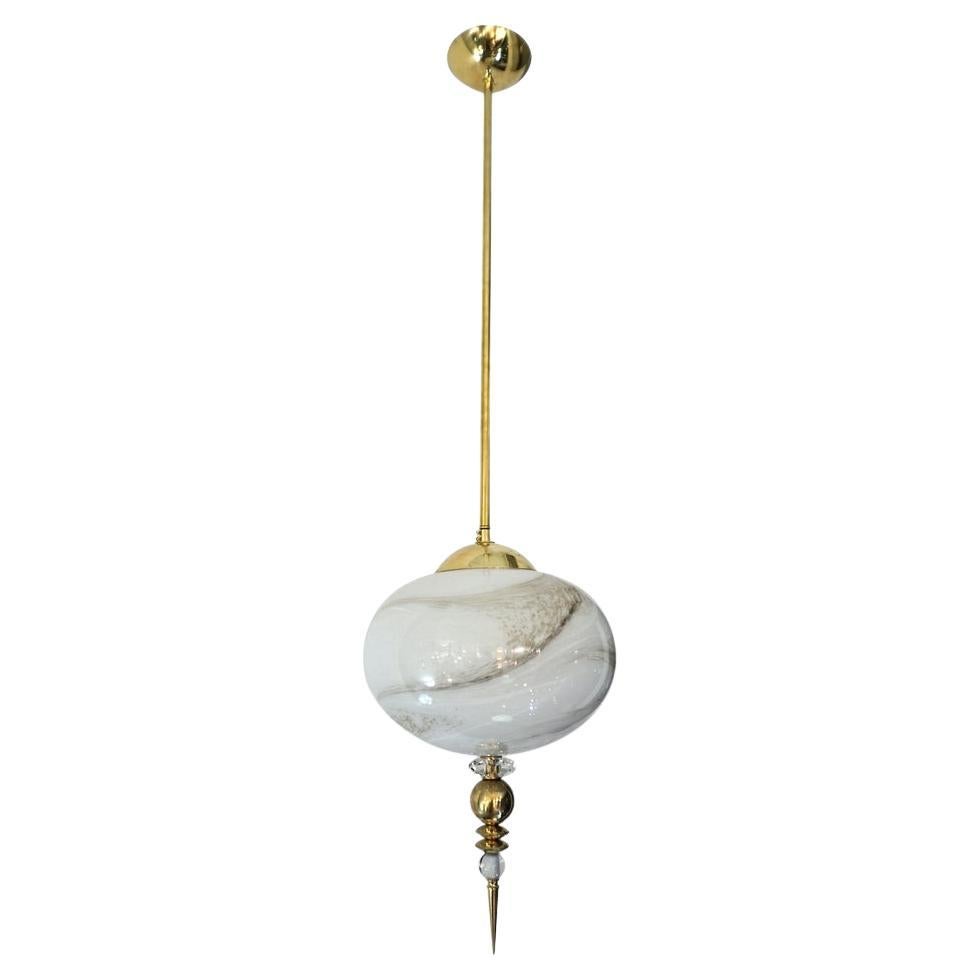 Bespoke Italian Brass and Cream White Alabaster Murano Glass Oval Pendant Light For Sale