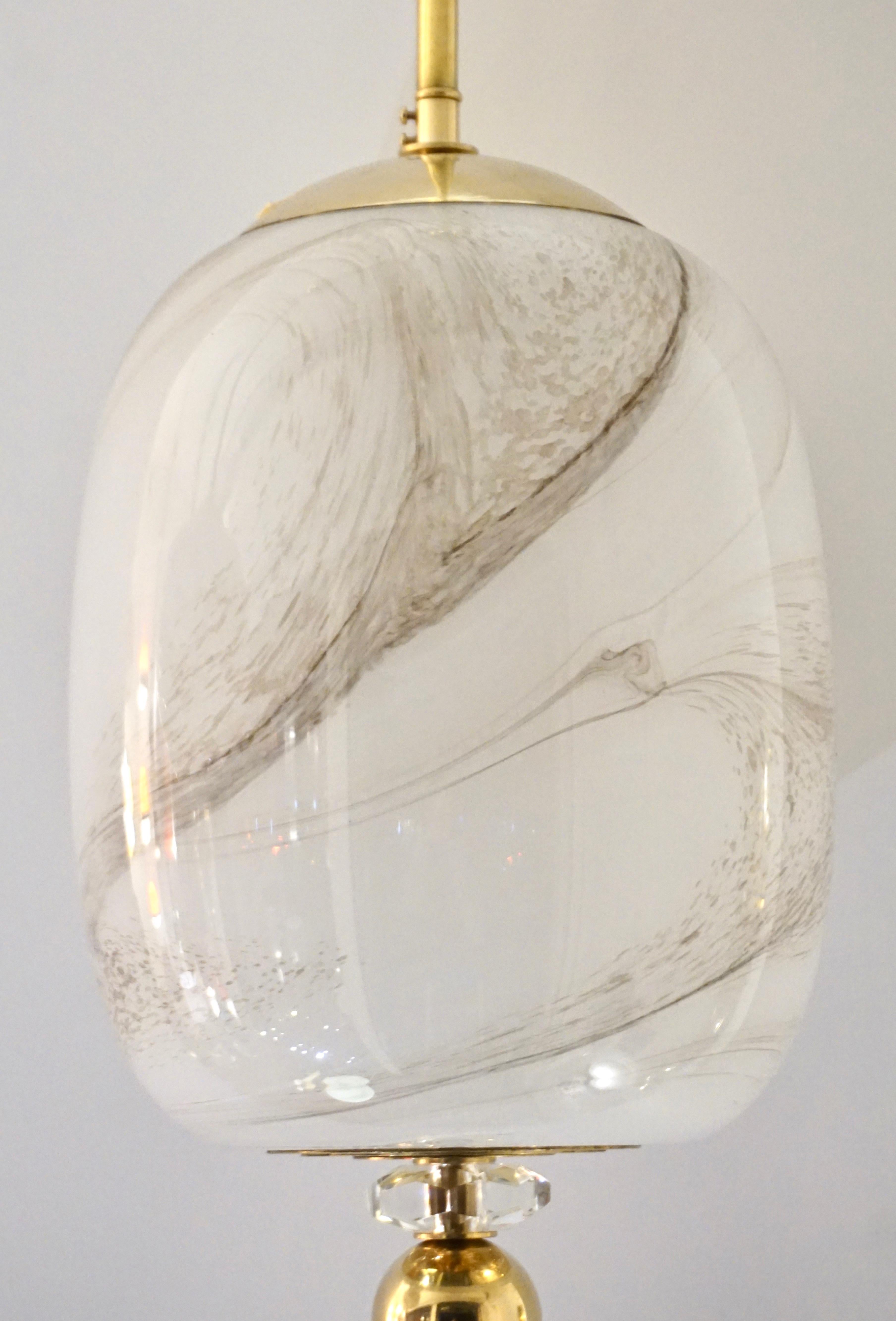 Bespoke Italian Brass & Cream White Alabaster Glass Cylinder Pendant / Lantern For Sale 1