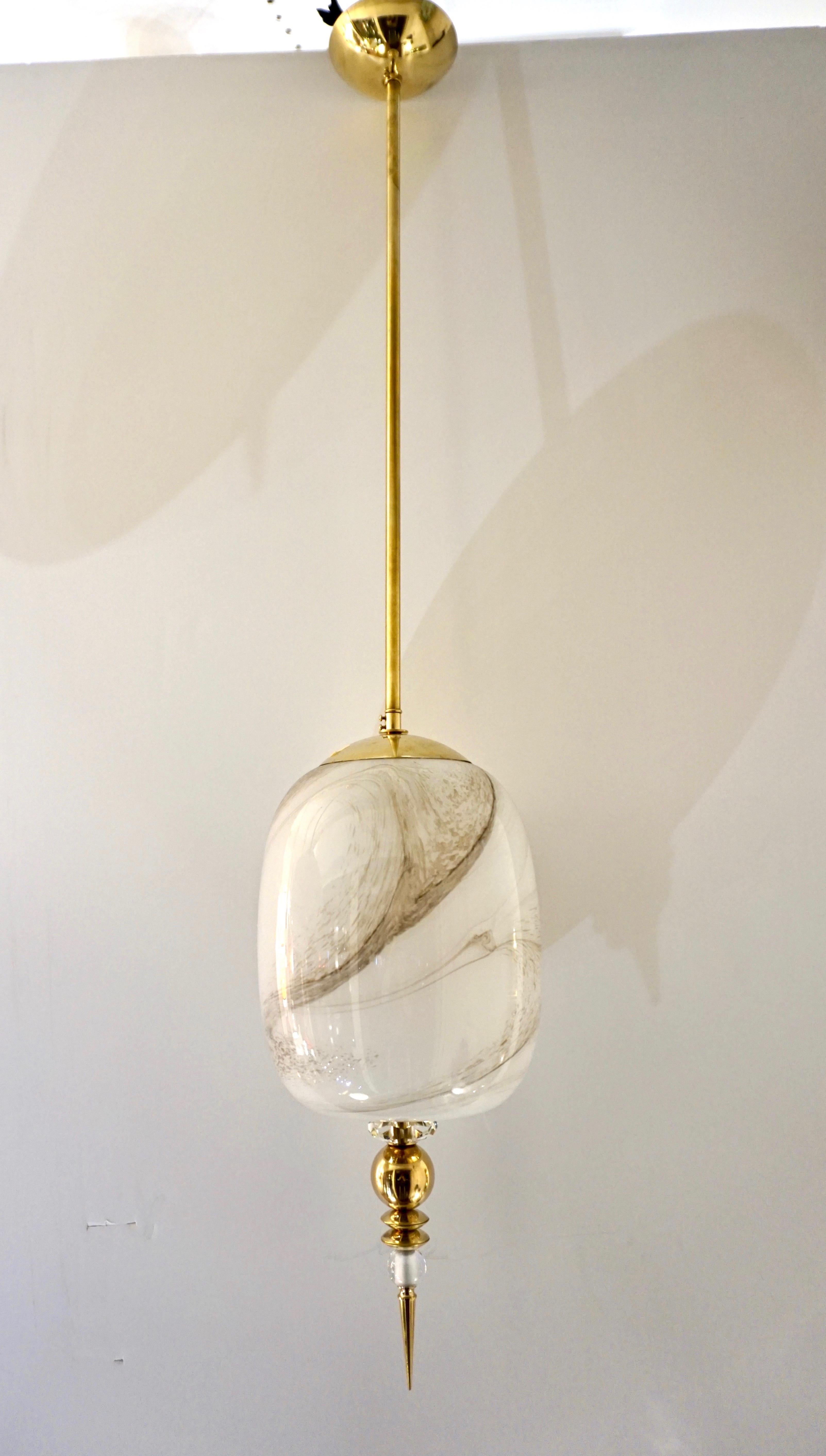 Bespoke Italian Brass & Cream White Alabaster Glass Cylinder Pendant / Lantern For Sale 2