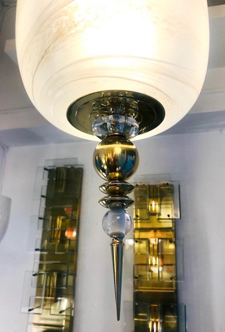 Bespoke Italian Brass & Cream White Alabaster Glass Cylinder Pendant / Lantern For Sale 3