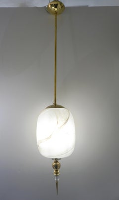 Bespoke Italian Brass & Cream White Alabaster Glass Cylinder Pendant / Lantern